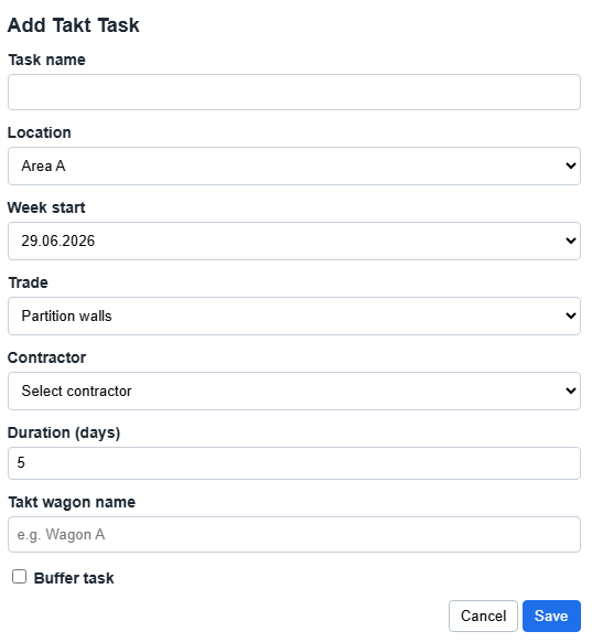 Add Takt Task dialog